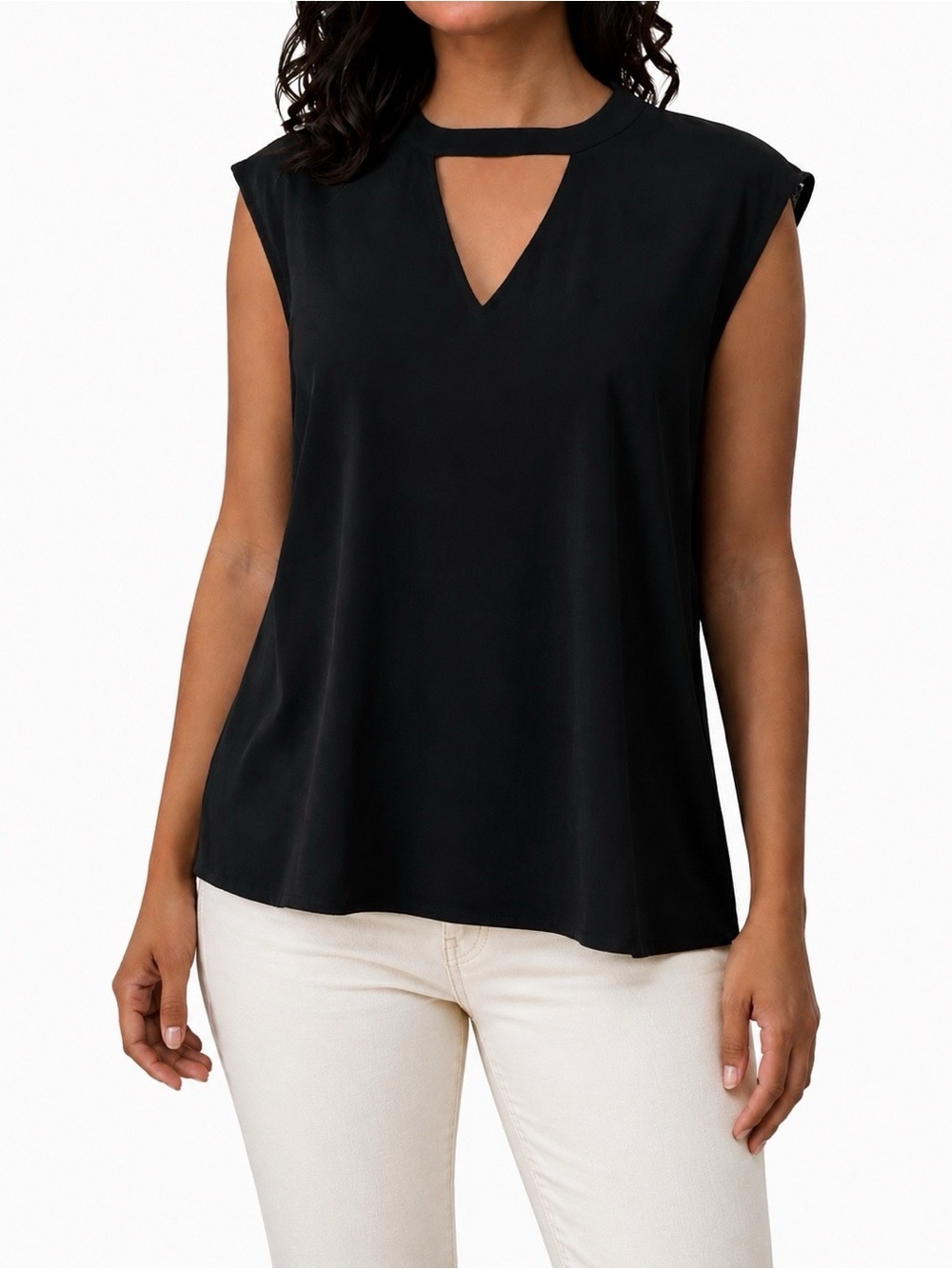 DR2 by Daniel Rainn Black Cap Sleeve Blouse Pleated Back Lightweight Shell Top S